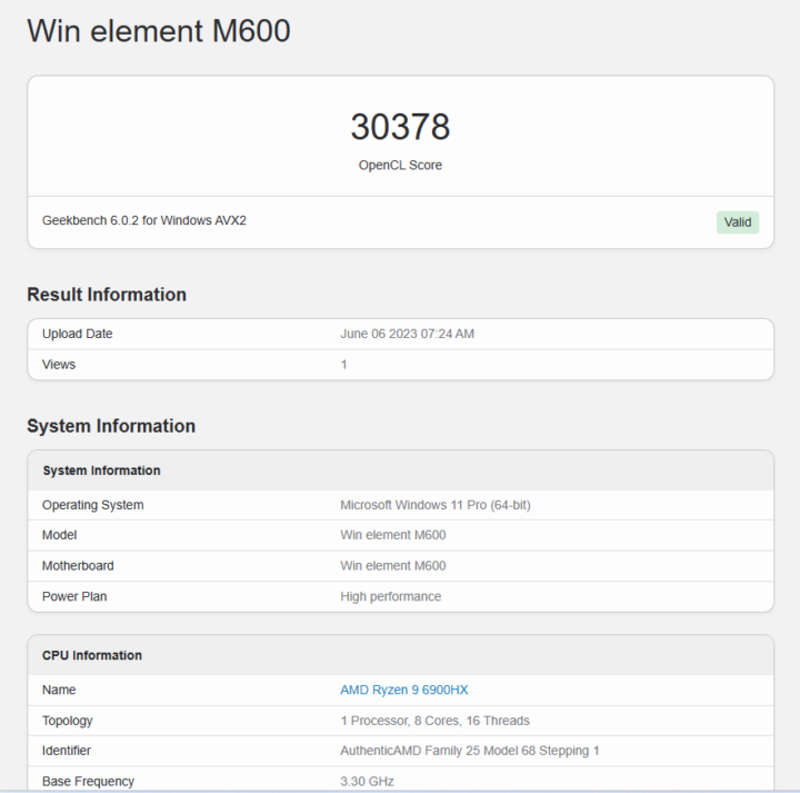 Win element M600 Geekbench 6 OpenCL