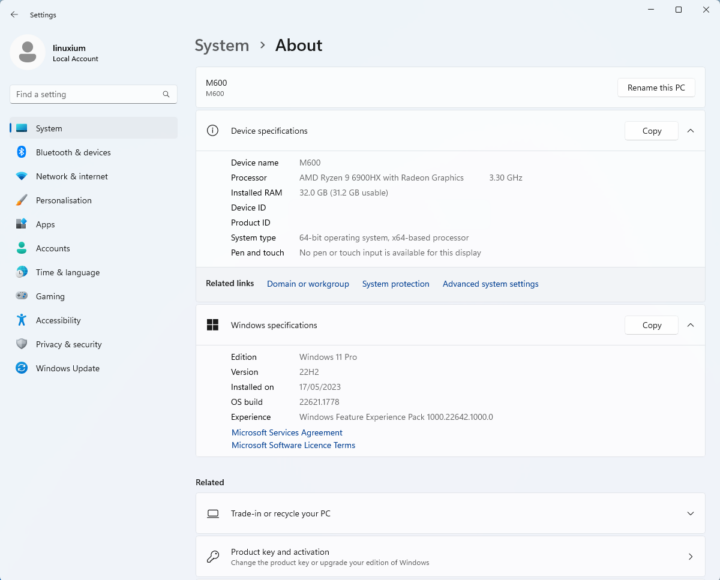 Windows 11 Pro About M600