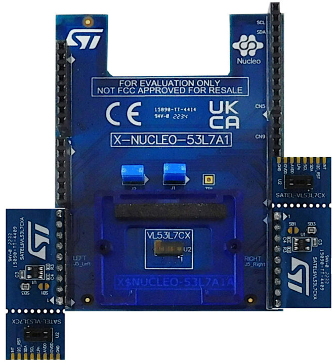X-NUCLEO-53L7A1 expansion board with two SATEL VL53L7CX breakout boards