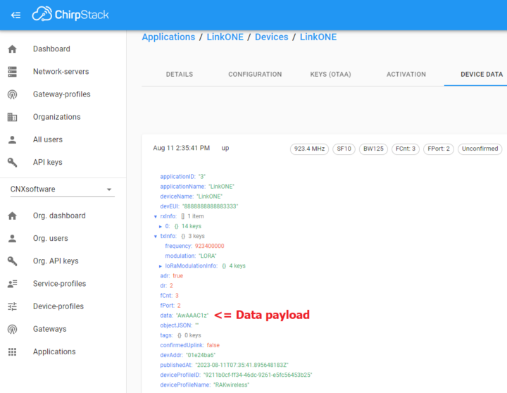 ChirpStack Link.ONE devkit battery status