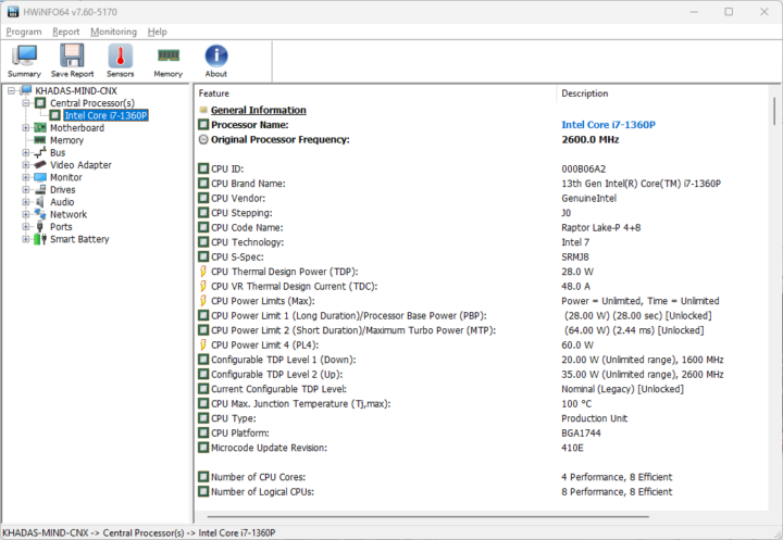 Intel Core i7-1360P PL1 PL2 power limits