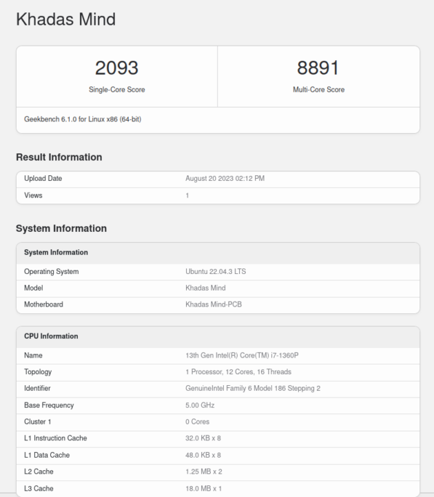 Khadas Mind Ubuntu 22.04 Geekbench 6