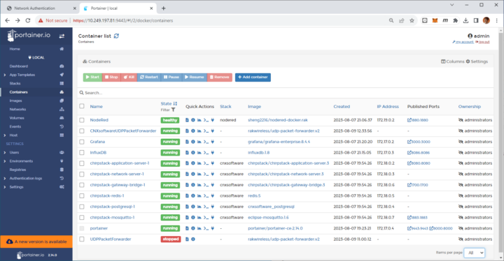 Portainer private LoRaWAN gateway container list