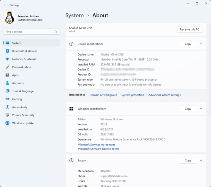 System About Khadad Mind Windows 11 Pro