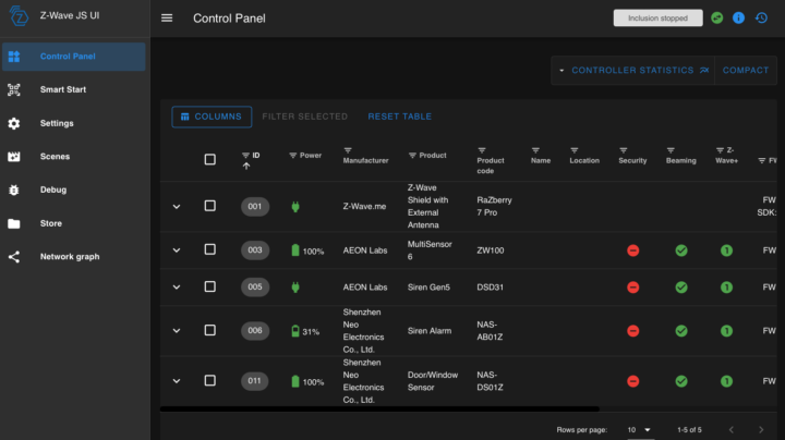 Z-Wave JS UI control panel