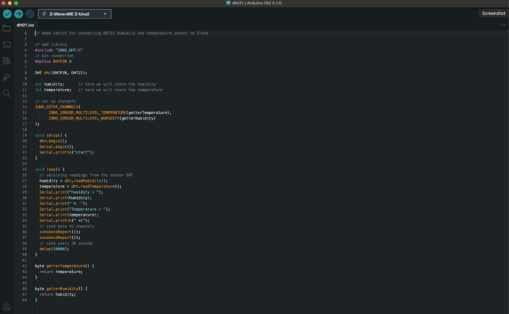 Z Wave.me Z-Uno2 DHT21 Arduino code sample