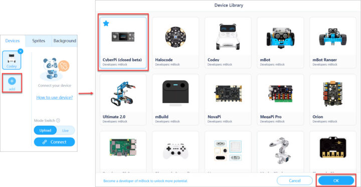 mBlock5 Choose Device Cyberpi