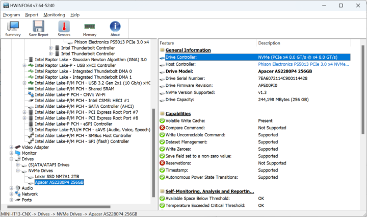 Apacer AS2280P4 256GB NVMe SSD