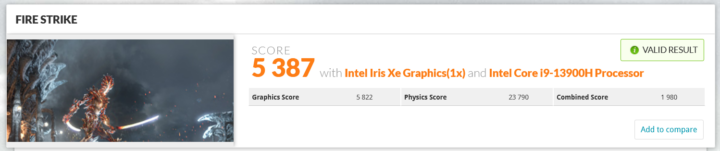 Core i9-13900H with Intel Iris Xe graphics - 3DMark Fire Strike