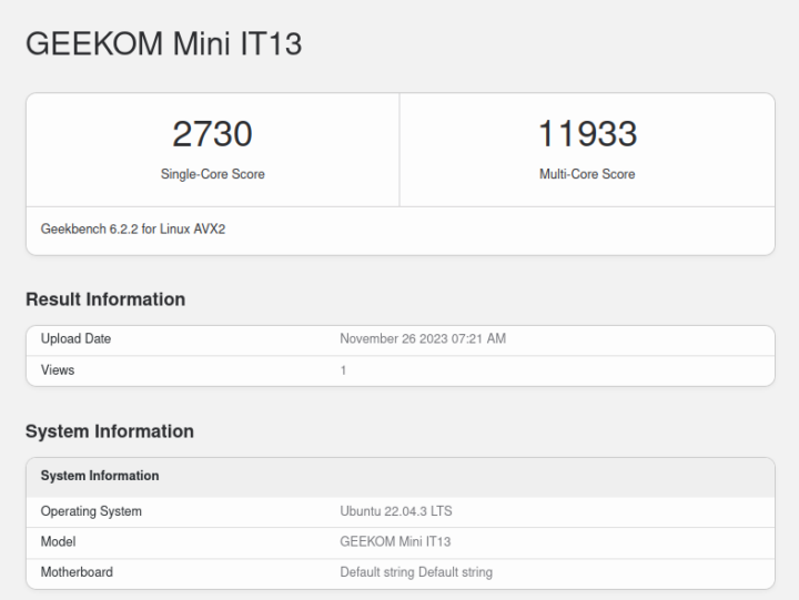 GEEKOM Mini IT13 45W TDP Ubuntu GeekBench 6