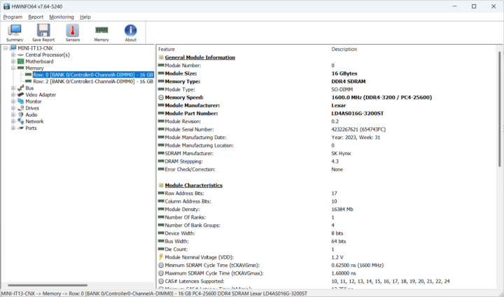 GEEKOM Mini IT13 HWiNFO64 Memory