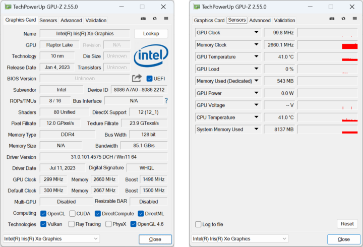 GPU-Z Intel Iris Xe Graphics Raptor Lake
