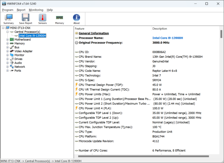 Intel Core i9-13900H PL1 PL2 power limits