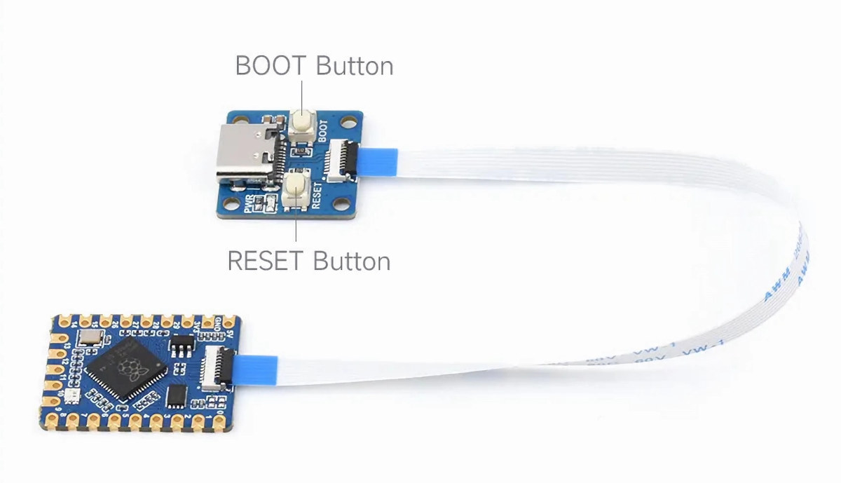 Tiny Raspberry Pi RP2040 module connects to USB-C + buttons board