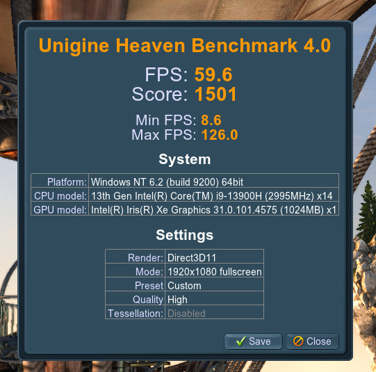 Unigine Heaven Benchmark 4.0 Intel Core i9-13900H