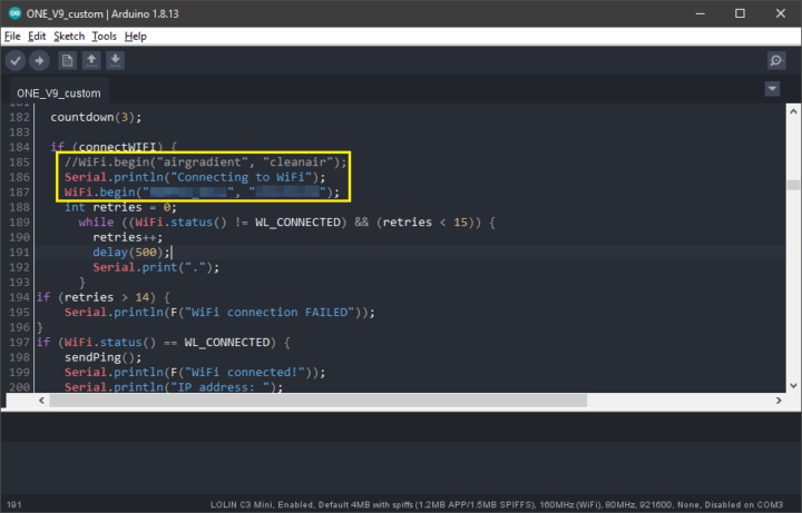 AirGradientONE : Configuring SSID and password in Arduino IDE