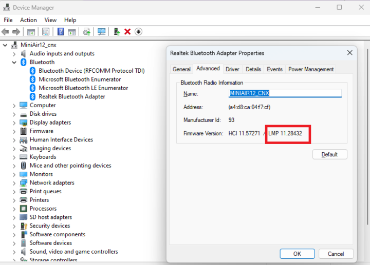 GEEKOM Mini Air12 Device Manager Bluetooth