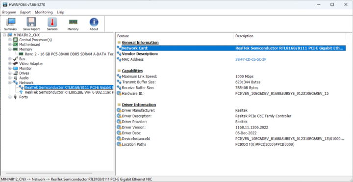 GEEKOM Mini Air12 HWiNFO64 Network Gigabit Ethernet