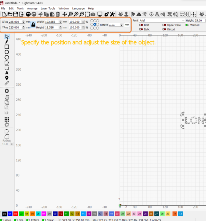 LightBurn size and position