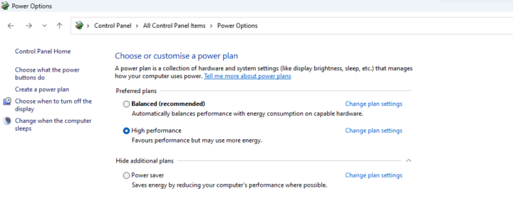 Power options high performance