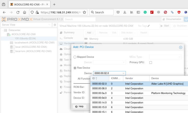 Proxmox VE Add PCIe Alder Lake-N UHD Graphics