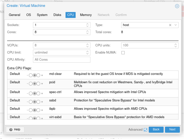 Proxmox VE CPU 8-core host type