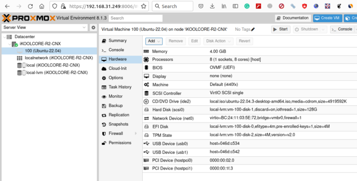 Proxmox VE Ubuntu 22.04 iKOOLCORE R2 PCIE USB passthrough