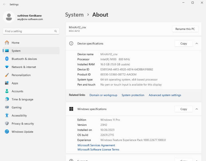 Windows 11 Pro system about GEEKOM Mini Air12