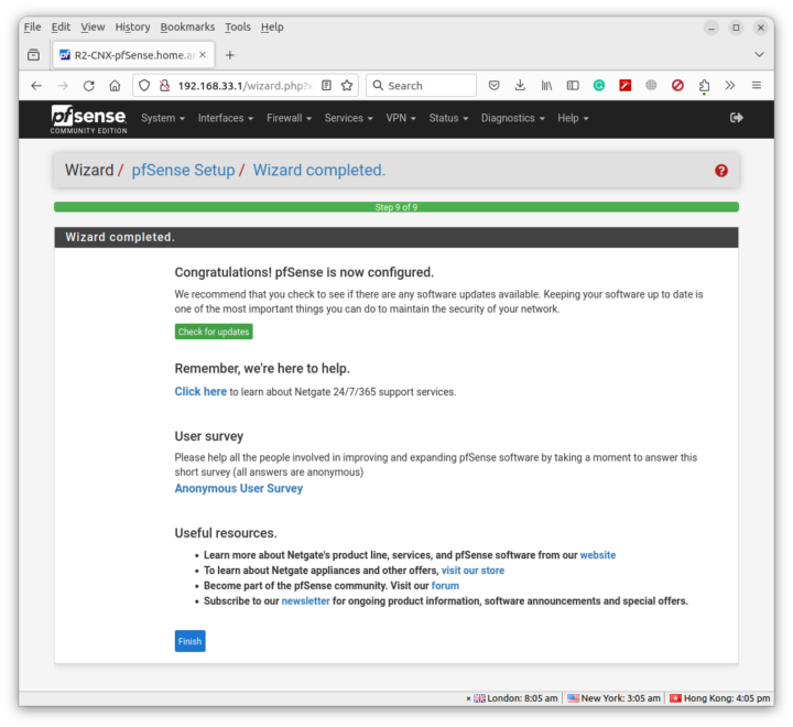 pfSense Setup Wizard Completed