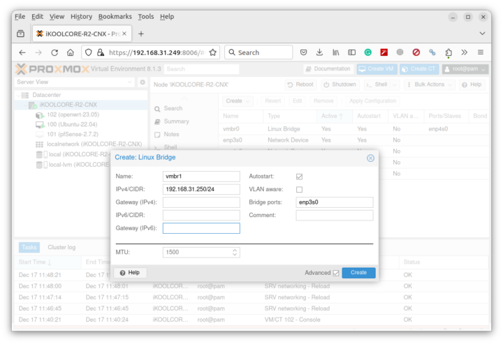 vmbr1 Linux Bridge pfSense