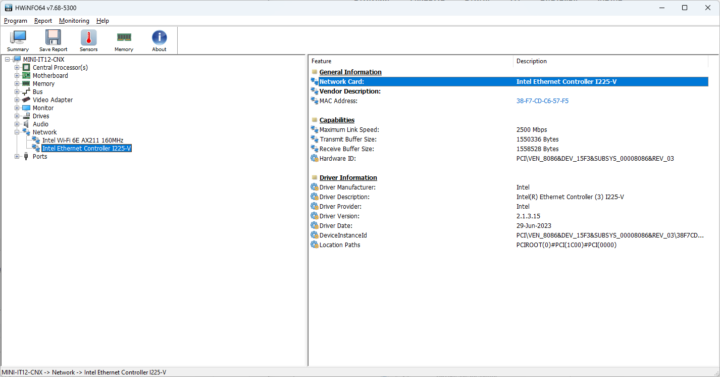 Device Manager Intel I225-V 2.5GbE controller