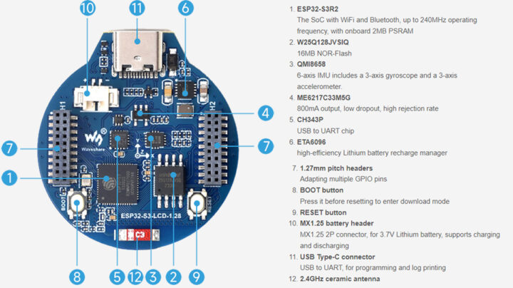 ESP32 S3 LCD 1.28 Onboard Parts Markings