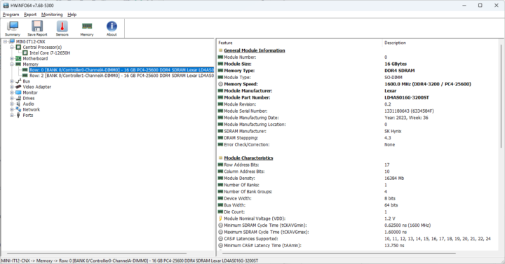 GEEKOM Mini IT12 HWiNFO64 Memory