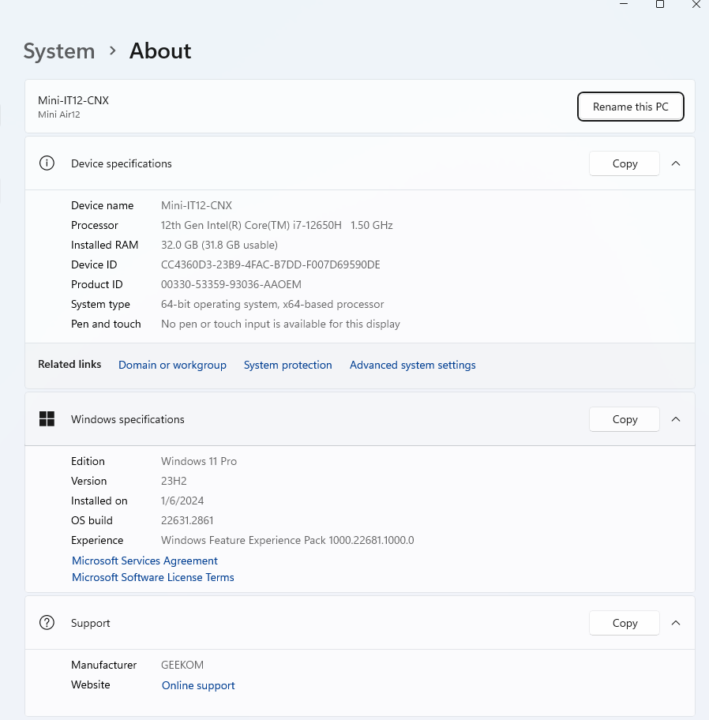 GEEKOM Mini IT12 Intel Core i7-12650H Windows 11 Pro 23H2