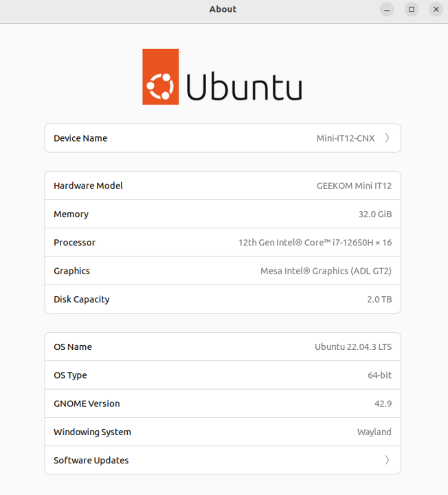 GEEKOM Mini IT12 Ubuntu 22.04 system information