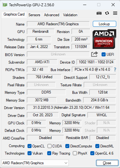 GPU-Z AMD Radeon Vega 8 Graphics Ryzen 7 7735HS