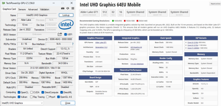 Intel Core i7-12650H GPU-Z