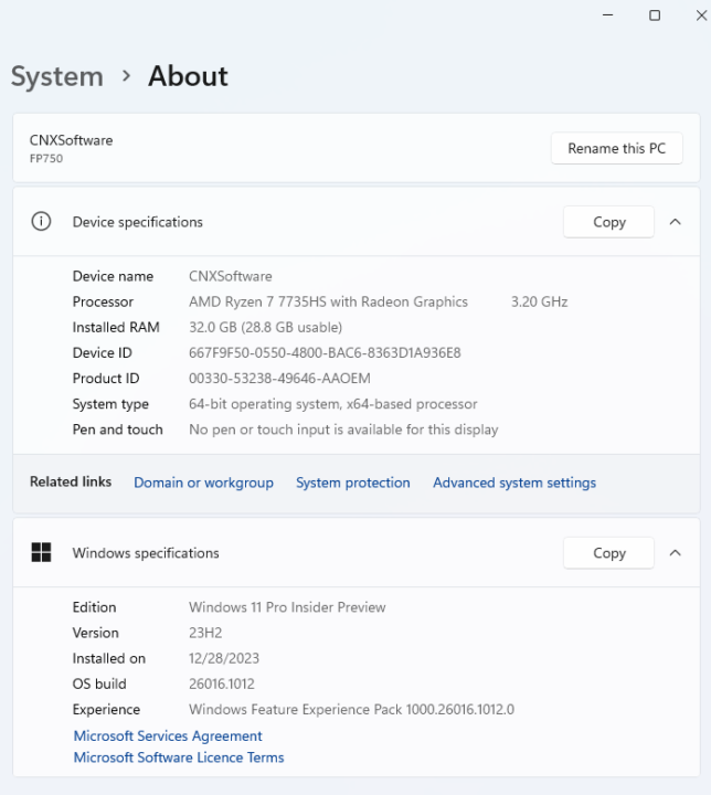 Maxtang MTN-FP750 mini PC Windows 11 23H2