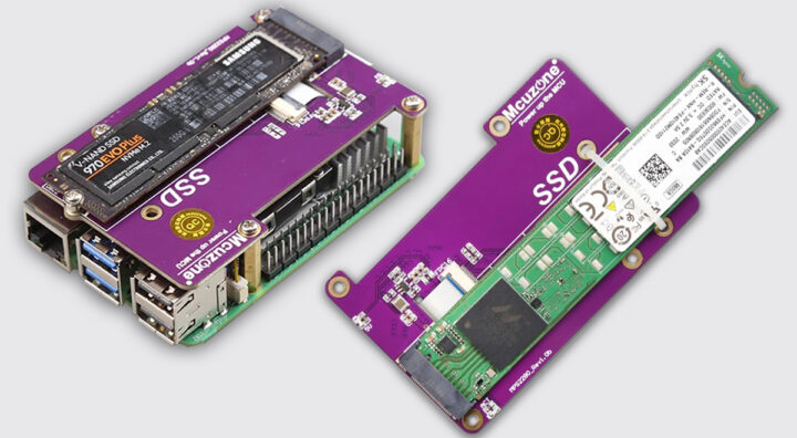 The Mcuzone MPS2280 M.2 NVME HAT for Raspberry Pi 5 supports 2280 SSDs and uniquely allows for 22110 SSDs to be attached using zip ties.