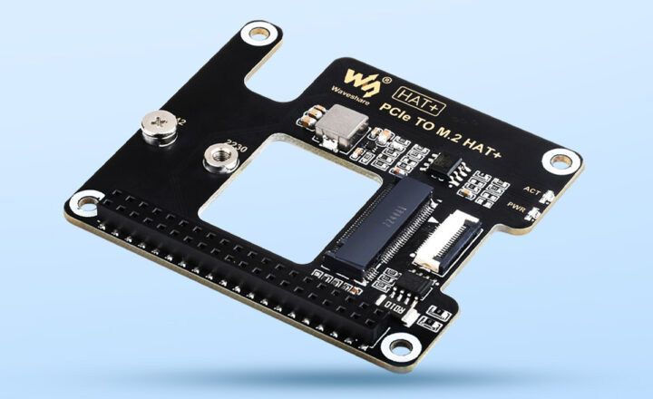 Waveshare's PCIe To M.2 Adapter supports Gen2/Gen3 SSDs (2230/2242), with Status LEDs, Power Monitoring, EEPROM, and a Cooling Vent.