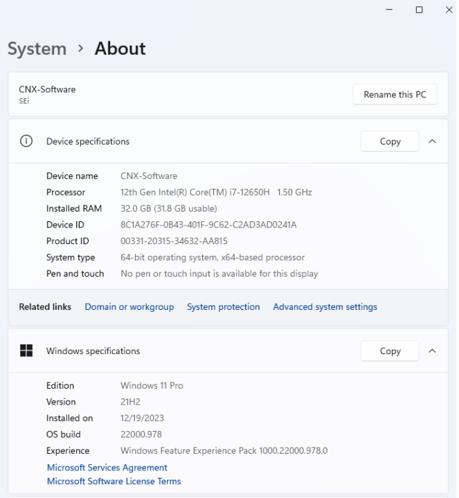 Windows 11 Pro About Intel Core i7-12650H mini PC