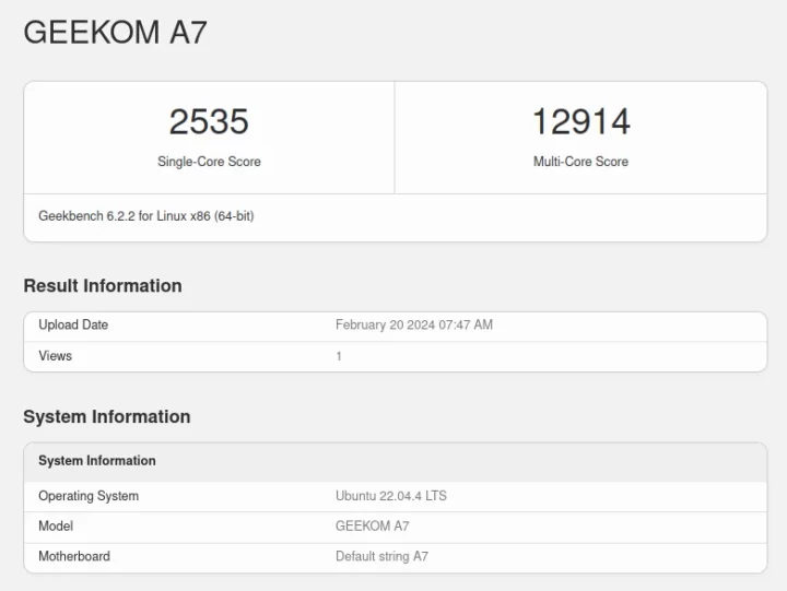 GEEKOM A7 Geekbench 6.2.2 Linux