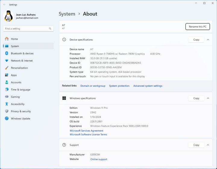 GEEKOM A7 Ryzen R9 7940HS WIndows 11 Pro