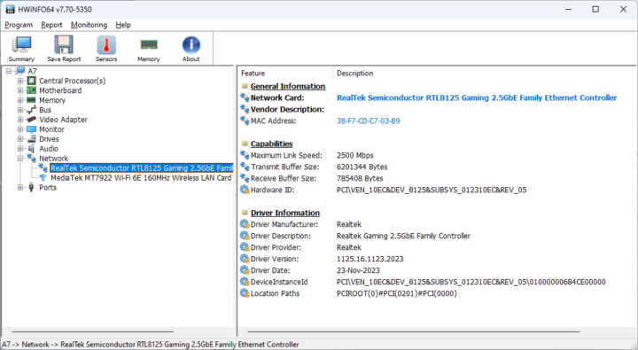 HWiNFO64 RTL8125 2.5GbE networking