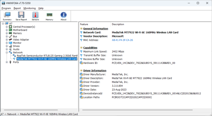 HWinFO64 MediaTek MT7966 WiFi 6E Windows 11 Pro