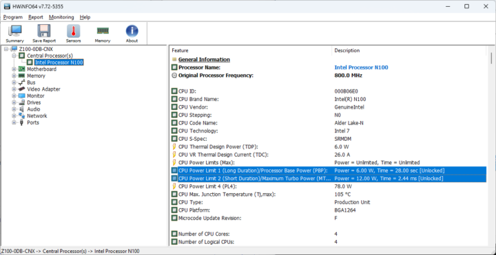 Intel Processor N100 Power Limit 1 2