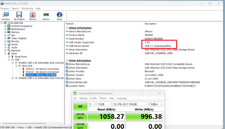 MINIX Z100-0dB USB 3.2 speed CrystalDiskMark