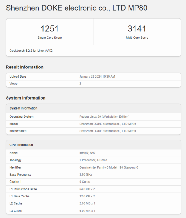 MP80 Processor N97 Geekbench 6.2.2 Linux