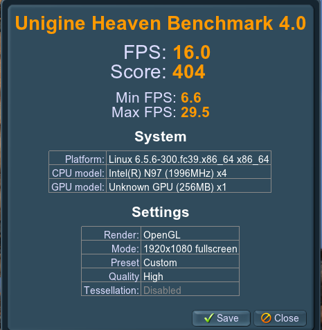 MP80 Processor N97 Unigine Heaven Benchmark4.0 Fedora