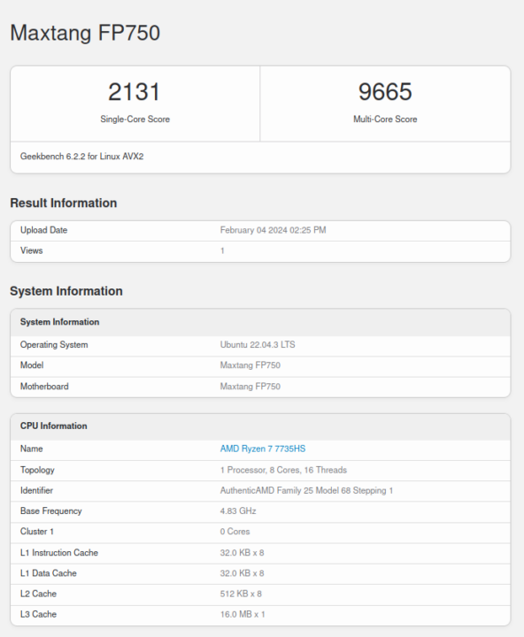 Maxtang MTN-FP750 Geekbench Ubuntu 22.04